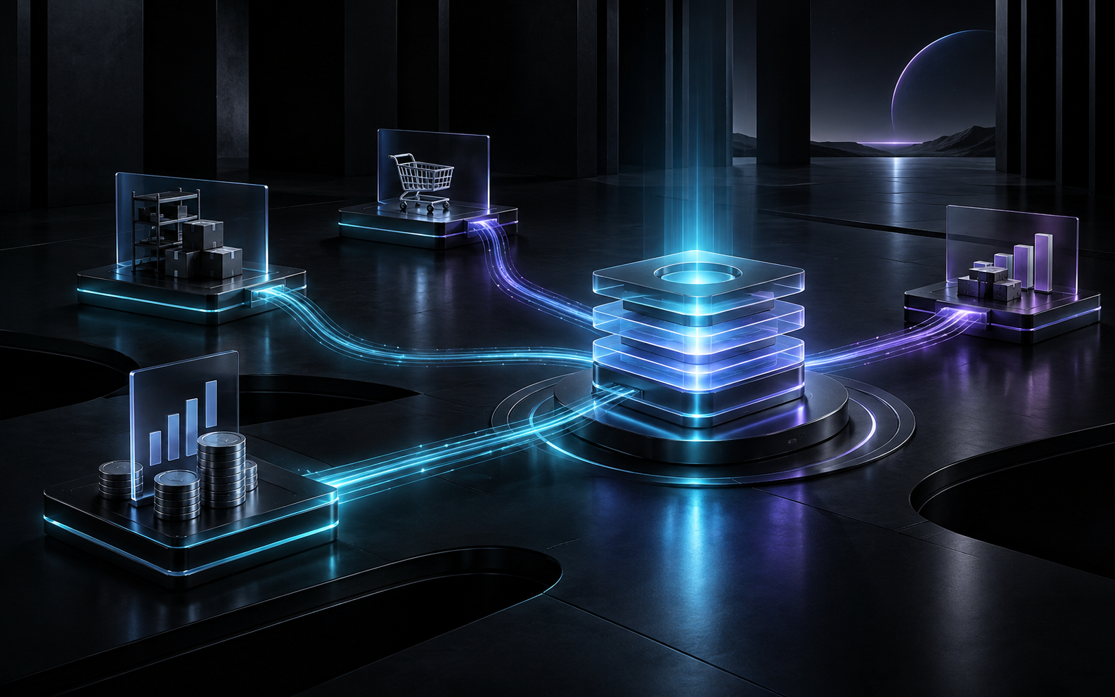 Connected finance, inventory, sales, and operations modules flowing into one unified ERP system.