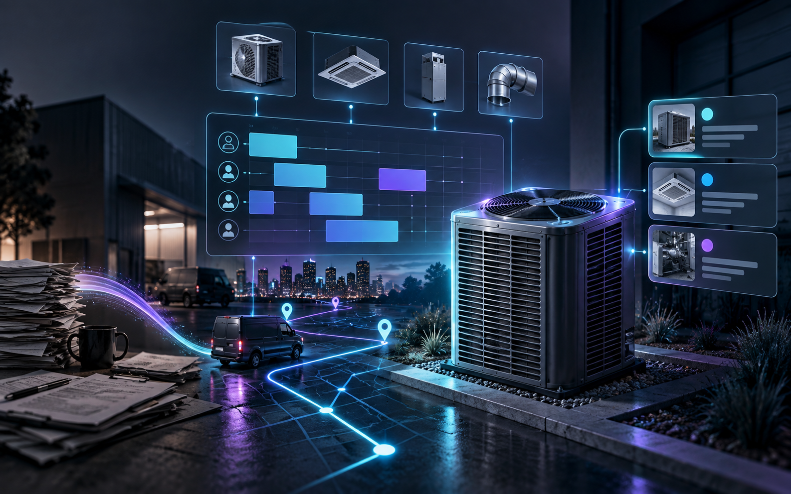 HVAC equipment connected to digital scheduling, technician routing, and job management workflows.